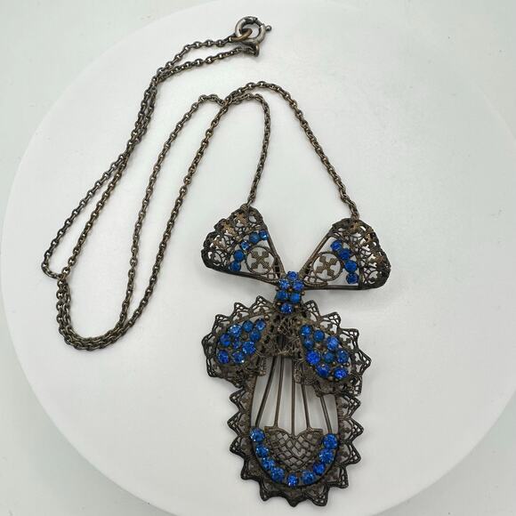 Antique Art Deco 1920s blue Czech glass rhinestones brass filigree necklace - Picture 2 of 8